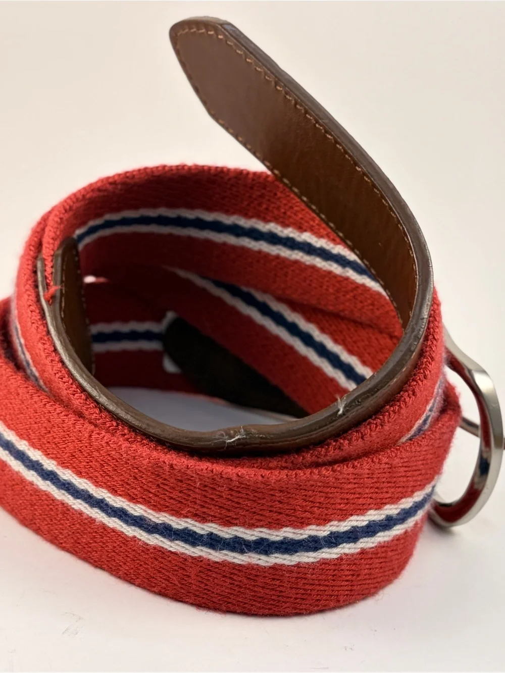 Nautica Red Striped Woven Men's Belt‎ with Brown Leather Trim 34/85